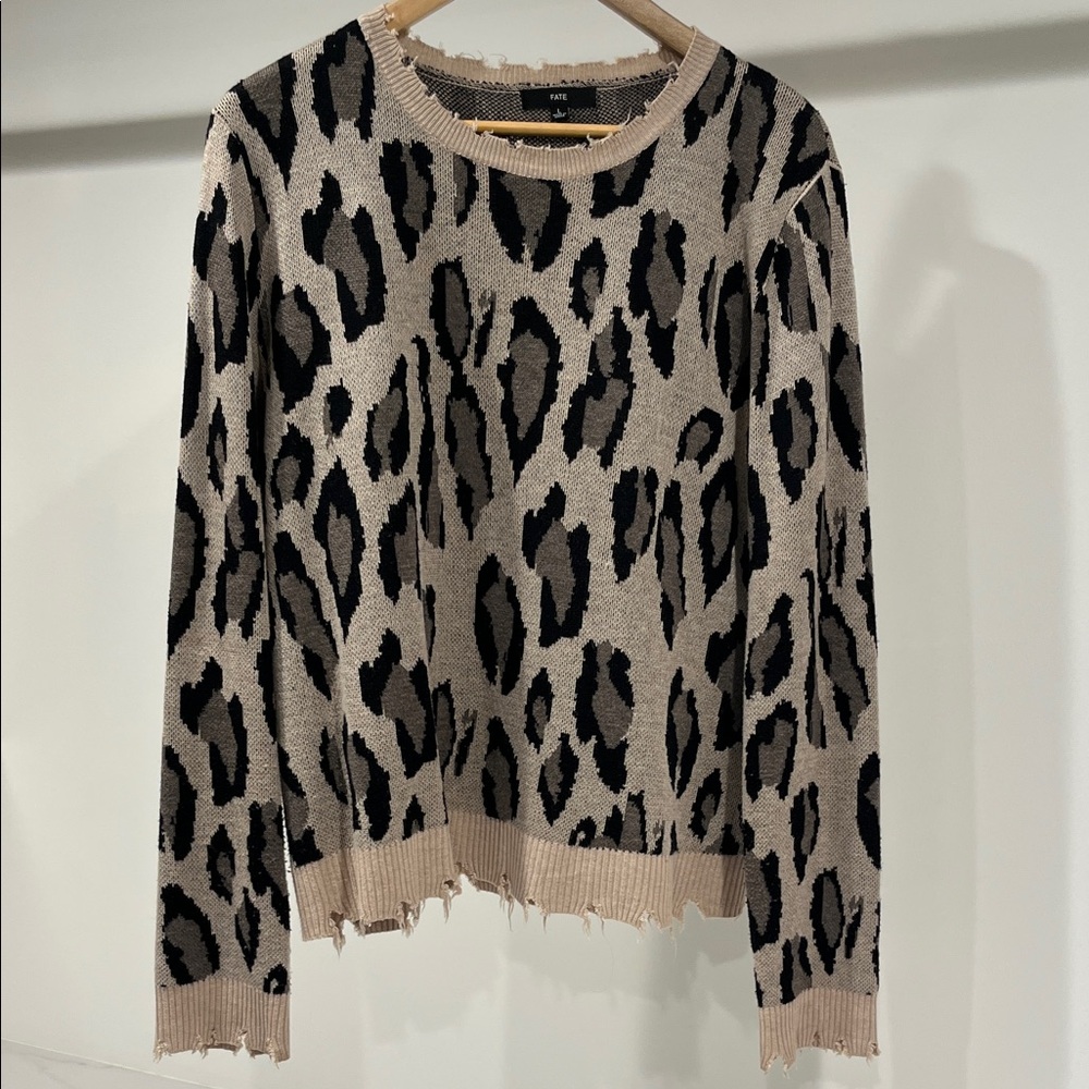 Fate Leopard Print Crew Neck Sweater - Black and Tan